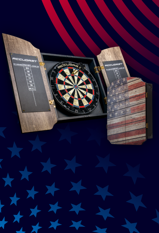 Dartboard set with wooden cabinet on a background with American flag design