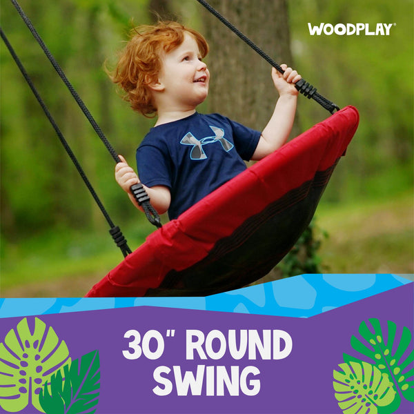 30" red round swing from woodplay playset attachment safe for kids 