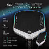 Onix Adapt pickleball paddle with specifications on a dark background