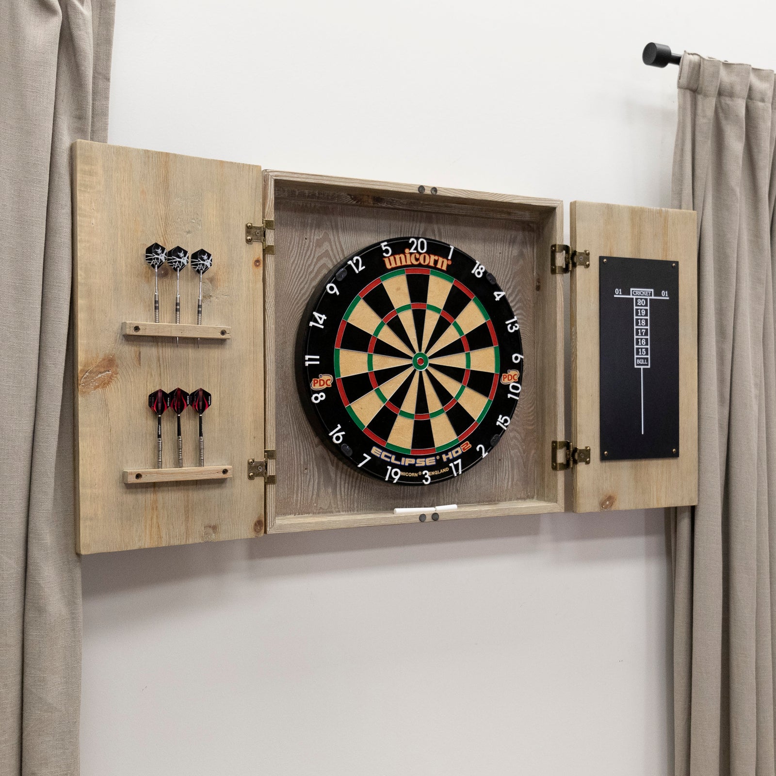 Barn Style Dart Board Cabinet - Wooden Dartboard Case With Scoreboard & Dart Holders (Dartboard Not Included)