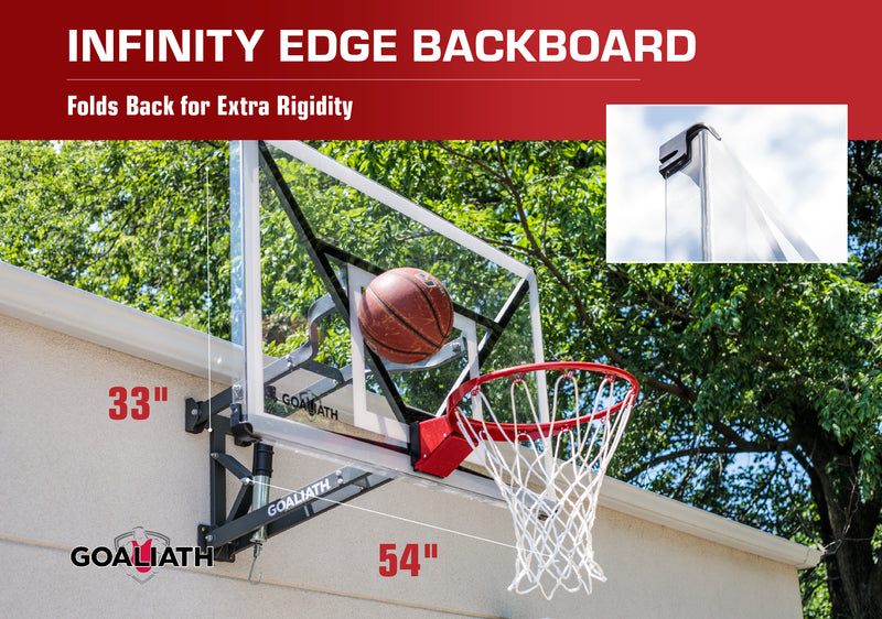 Goaliath Wallmount Basketball Hoop - 54" GoTek Basketball Goal - Infinity Edge Backboard - Folds Back for Extra Rigidity