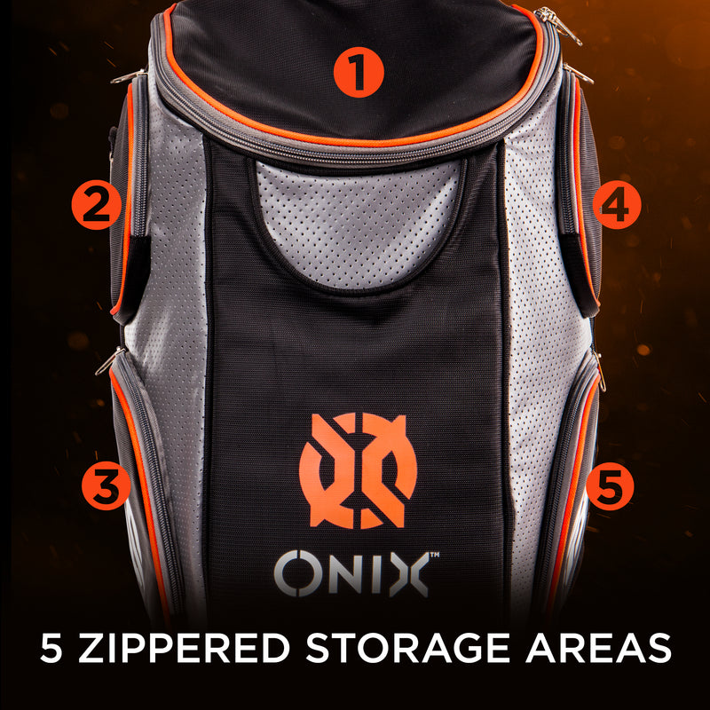 ONIX Pickleball Backpack - Orange and Black Pickleball Bag - 5 Zippered Storage Areas